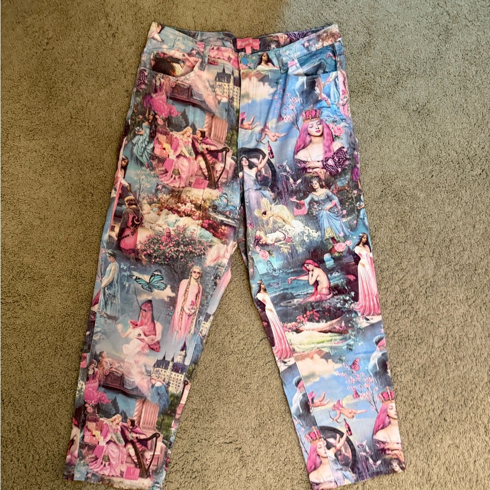 Sugar Thrillz Pink and Blue Fantasy Print Flare Jeans